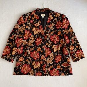 {VTG} Talbots | Dark Floral Go Anywhere Cotton Blazer Jacket Leaf Print Black 18